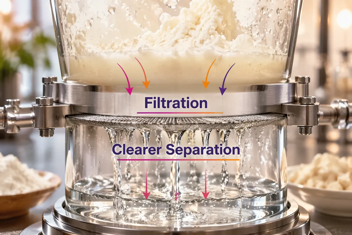 Starch slurry passing through a stainless filter screen into clear filtrate, illustrating cleaner starch separation and filtration